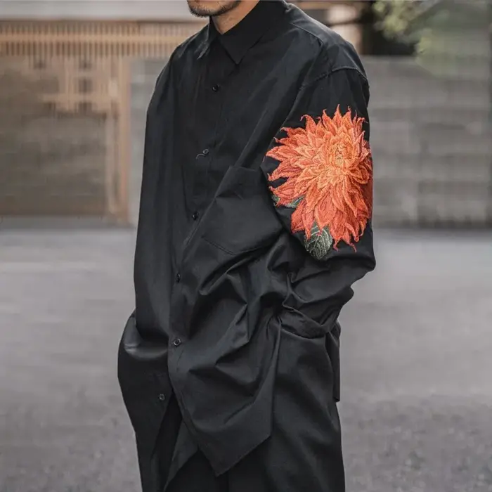 Yamamoto Style chemise à fleurs rouges hommes japonais allongé foncé brodé haut