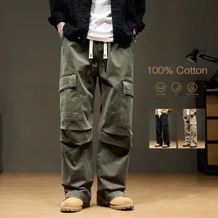 Baggy pantalon Cargo à jambes larges homme 100% coton multi-poches épissage extérieur ample droit automne pantalon mode Streetwear