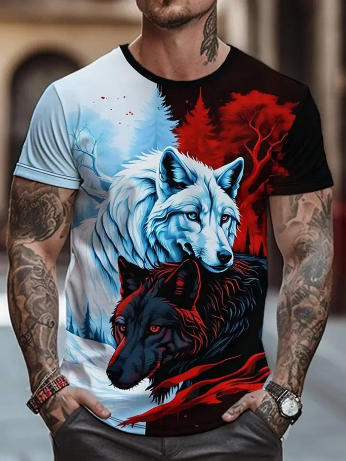 T-shirt cool à imprimé loup pour homme, décontracté d'été, col rond, manches courtes, motif animal 3