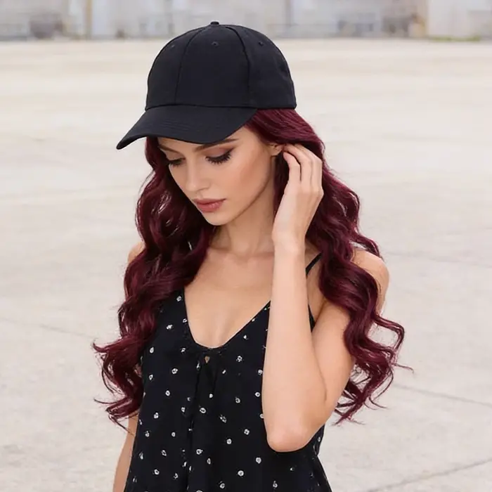 Casquette de cheveux ondulés bordeaux – Fibre synthétique