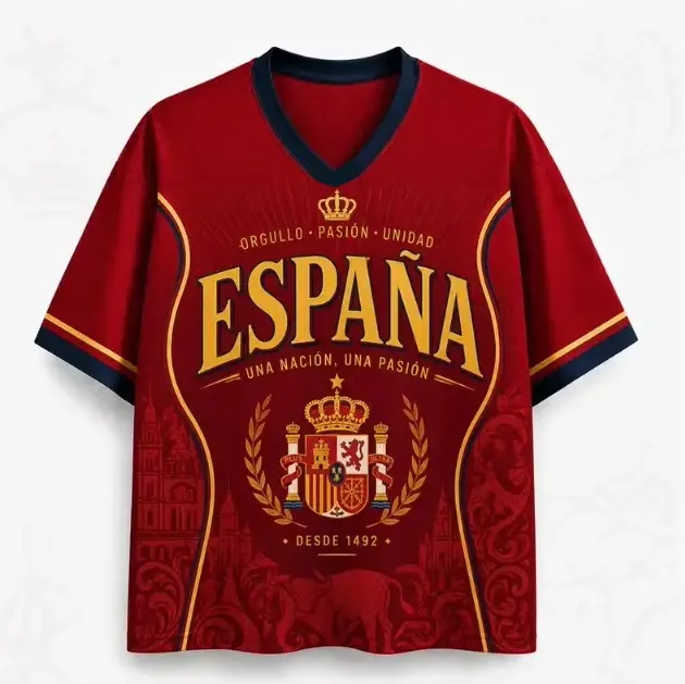 T-shirt de football rétro à manches courtes col en V imprimé 3D surdimensionné Espagne Taureau N°10 collection été 2026