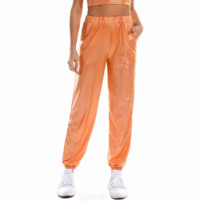 Pantalon de jogging ample taille haute holographique réfléchissant métallisé pour femme, idéal pour 