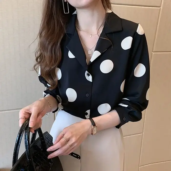 Chemise femme à pois élégant revers boutonné Blouse à manches longues été hauts Vintage décontracté 