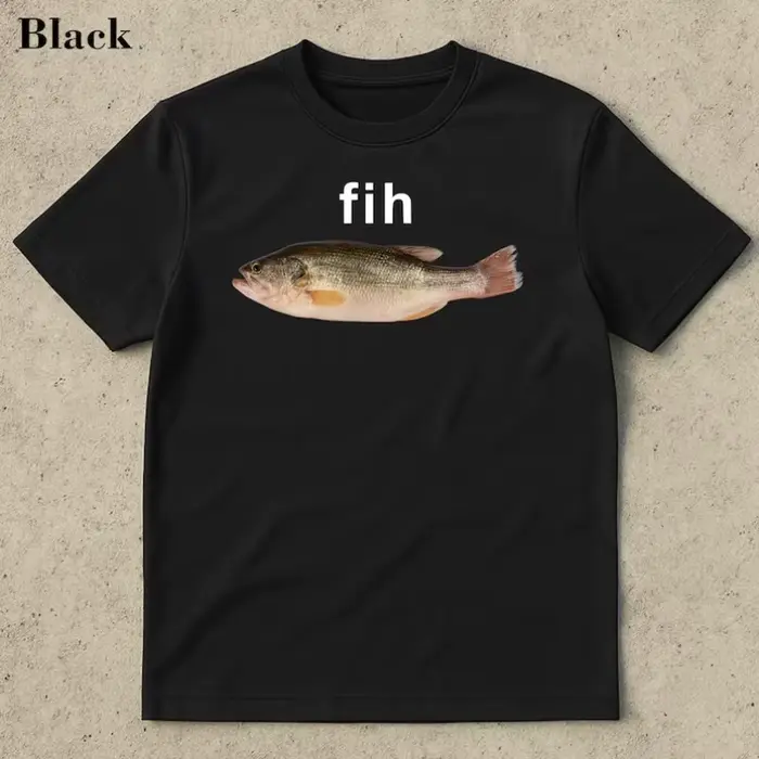 T-shirt graphique Fih Fish. Tee-shirt noir avec imprimé poisson rose et gris réaliste, haut décontra