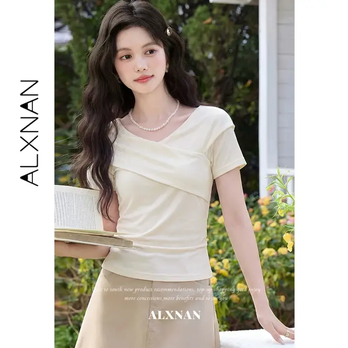 ALXNAN T-shirts noirs 2026 – Nouveauté été – T-shirt en maille à col en V croisé et manches courtes 