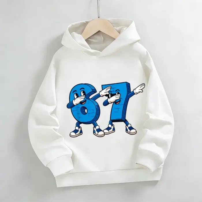 Sweat à capuche gris avec imprimé anthropomorphe numéro 67 pour garçons et filles | Haut