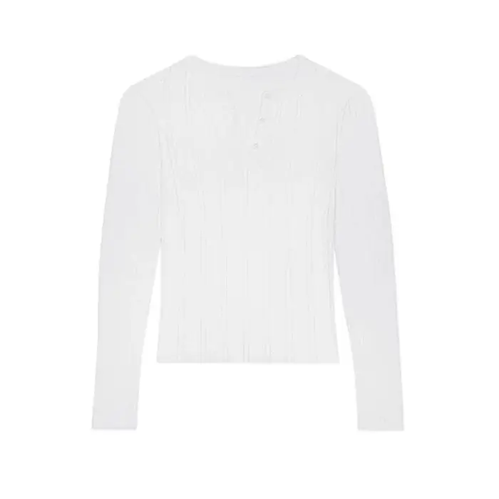 T-shirt long en coton pur jacquard, col Henry, manches longues, col en V, bicolore noir et blanc, co