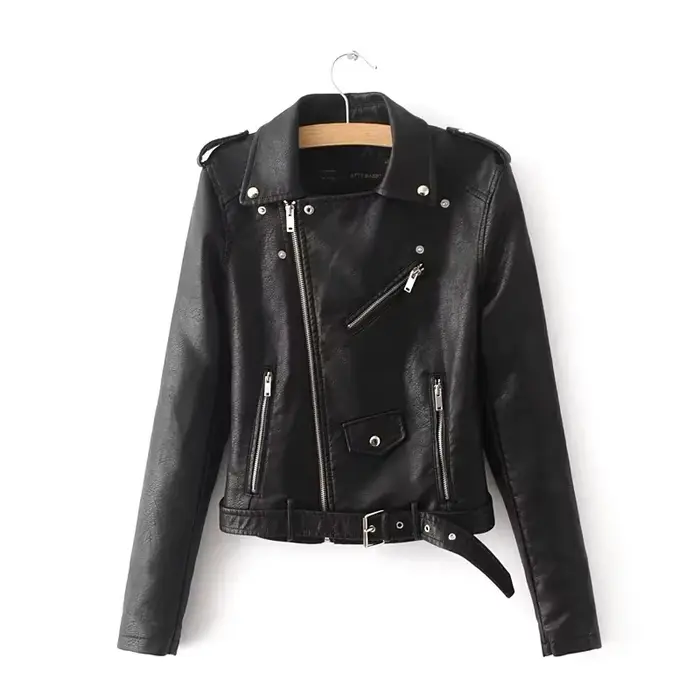 Mode femmes automne noir Faux cuir vestes dame Bomber moto Cool manteau d'extérieur avec ceinture offre spéciale