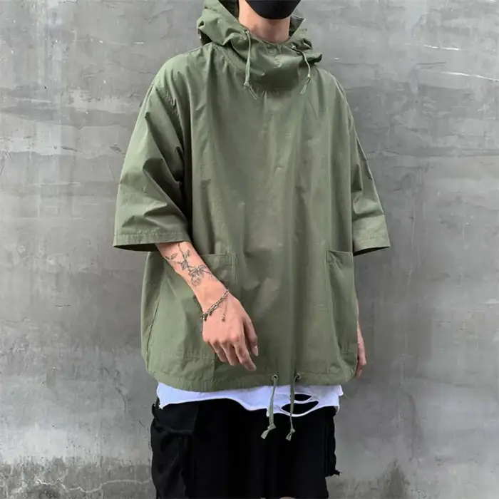 Techwear-T-Shirt à Capuche pour Homme, Pull Vintage, Multi-Poches, Cargo, à Manches Mi-Courtes, Veste