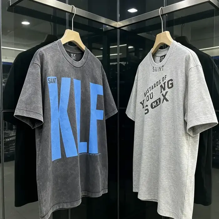 T-shirts Saint en Coton de Haute Qualité, Style Rétro Américain Streetwear, Effet Délavé et Imprimé Craquelé, Col Rond, Manches Courtes KLF pour Hommes et Femmes