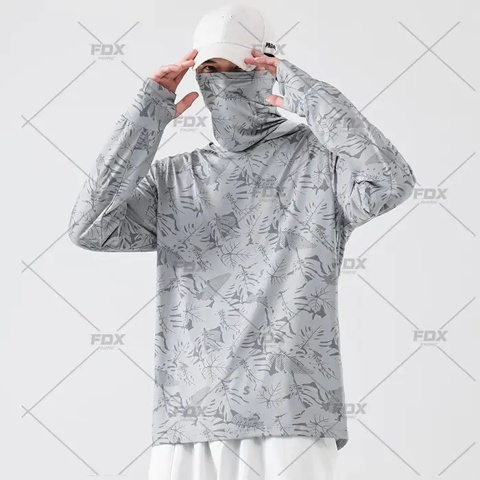 Sweat à capuche coloré camouflage vert armée avec masque facial UV 50 + guêtre vêtements de pêche T-shirt à manches longues respirant à séchage rapide pour hommes