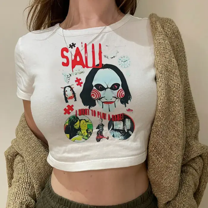 Film scie tête d'horreur torture streetwear yk2 hippie crop top fille années 90 gothique vintage str