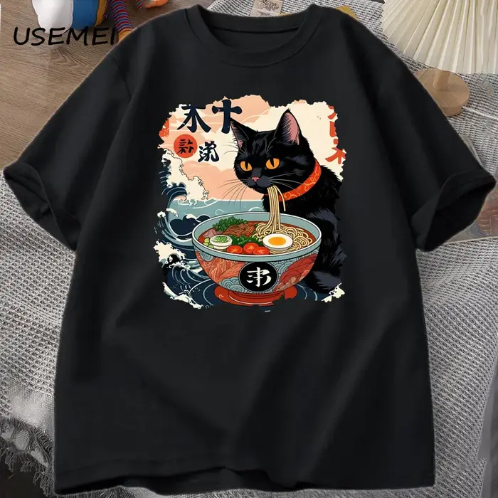 Kawaii chat Anime T-shirt Ramen japonais drôle graphique T-shirt Kawaii nouilles chat T-shirt homme 