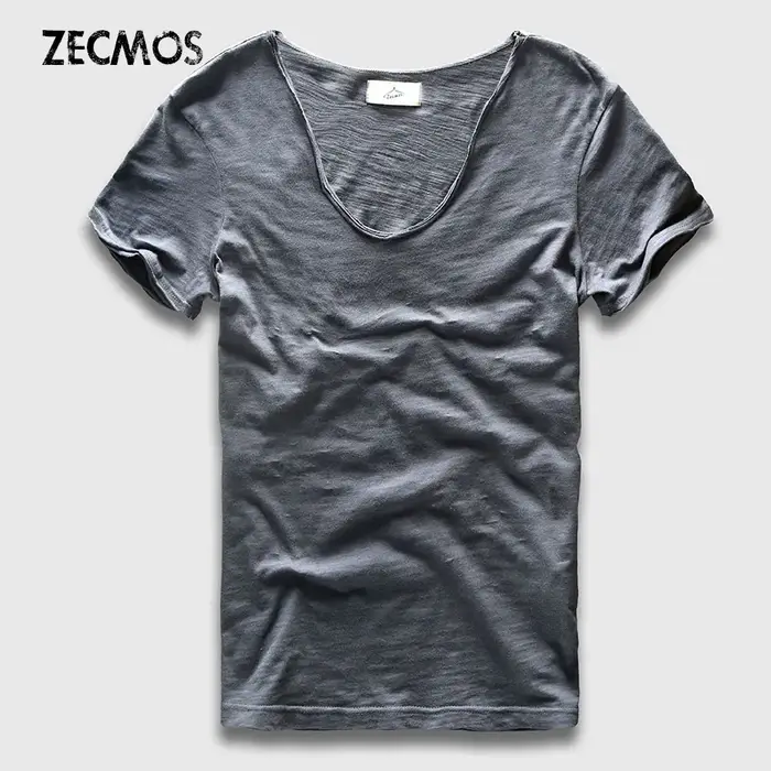Hommes T-Shirt de base solide coton col en V coupe ajustée mâle mode t-shirts à manches courtes top