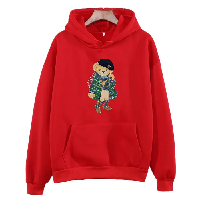 Sweat-shirt à capuche imprimé ours mignon pour femme, vêtement tendance, polaire, confortable, décon