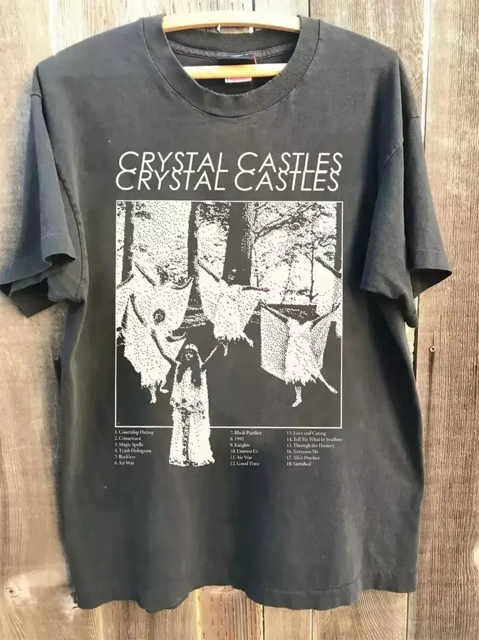 T-shirt noir de l'album du groupe Crystal Castles, décontracté, en pur coton, style couple, streetwe