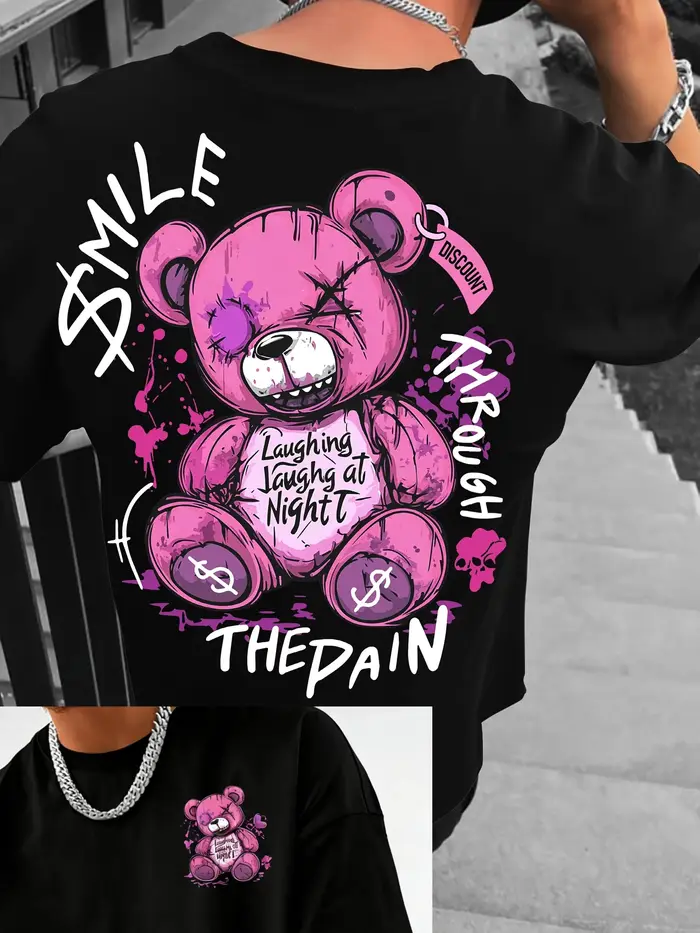T-shirt tendance pour homme, nouveau style estival, imprimé lettres motif ourson, respirant et confo