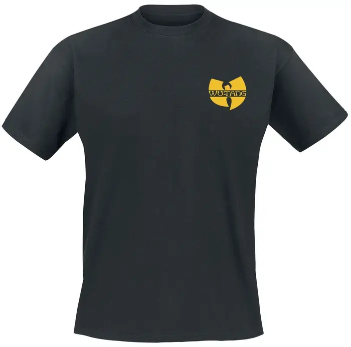 T-shirt noir avec imprimé jaune, logo Wu-Tang Clan, logo vintage vieilli, style hip-hop décontracté.