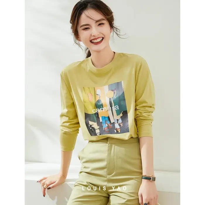 LOUIS YAO T-Shirt à manches longues 2025 printemps/automne t-shirts décontracté lettre imprimer col rond haut minimaliste femmes T-Shirt