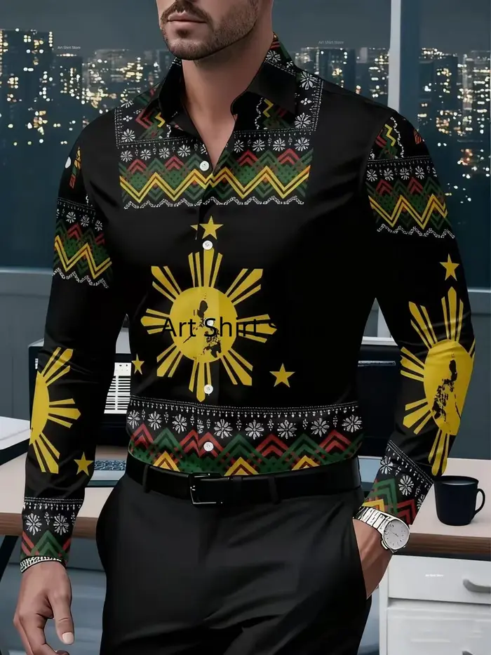 Chemise à manches longues pour hommes, décontractée, imprimée totem tribal, adaptée aux rassemblemen