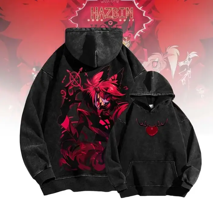 Hazbin hôtel Alastor Anime sweats à capuche hommes femmes vêtements Manga imprimé Vintage lavé Streetwear décontracté à