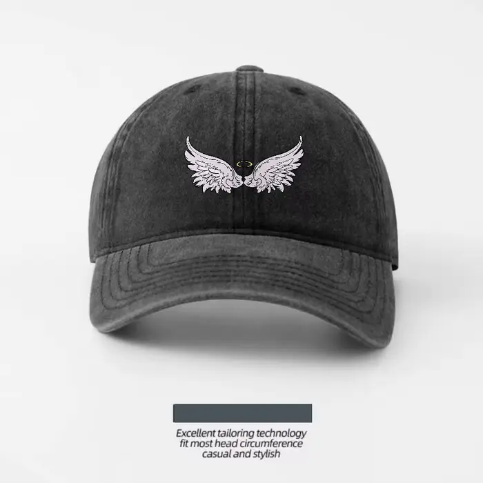 Casquette de baseball en coton lavé brodée avec un ange ailé, respirante et réglable, pour hommes et