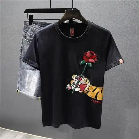 Nouveau T-shirt pour homme à manches courtes brodé de roses, décontracté d'été, col rond, coupe ampl