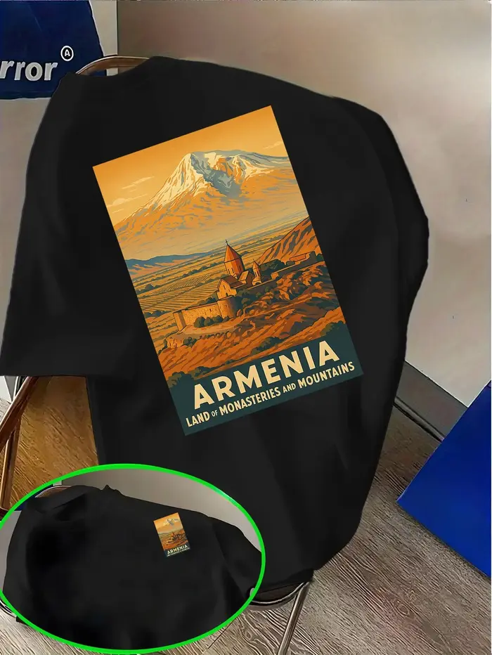 T-shirt graphique pour homme en coton à manches courtes, motif paysage rétro de la montagne Ararat e