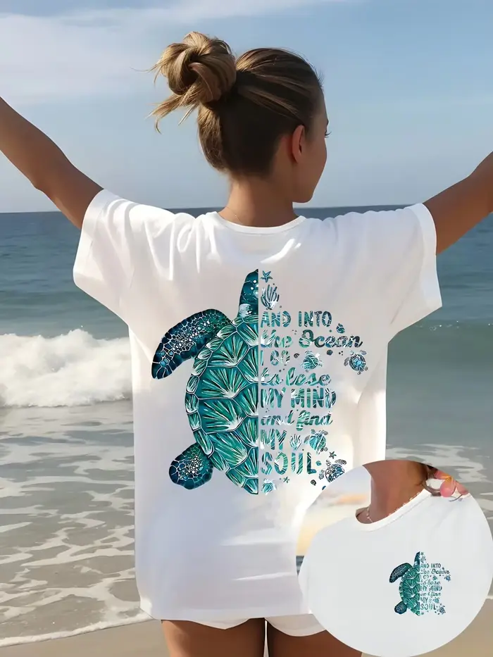 T-shirt graphique tortue de mer pour femme, rose, imprimé lettres océan, manches courtes, décontract