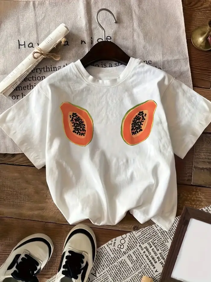 T-shirt à manches courtes et col rond imprimé papaye, style décontracté et simple, adapté à la tenue