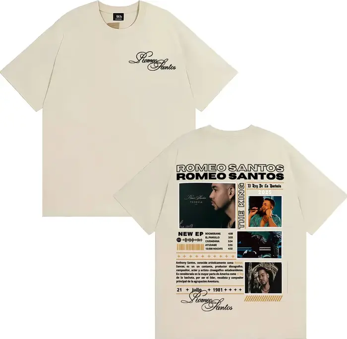 Rappeur Romeo Santos le roi Tormula Tour 2025 T-shirts graphiques vêtements pour hommes mode Hip Hop col rond coton