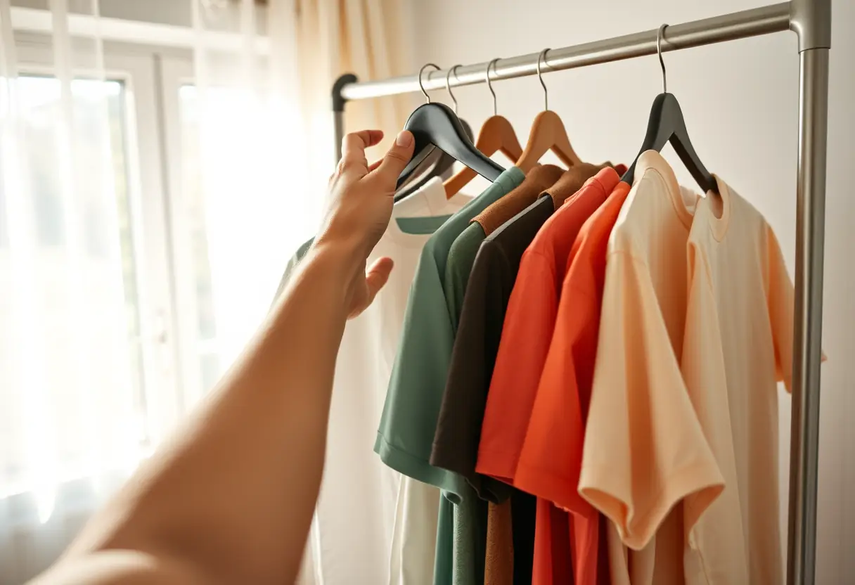 Une main tendue vers un cintre rempli de t-shirts en coton de différentes couleurs