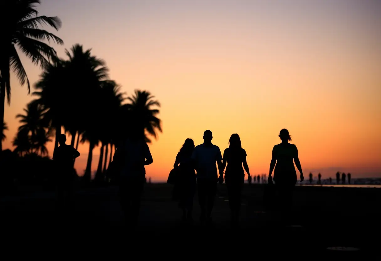 Silhouettes de personnes marchant sur une plage au coucher du soleil, guide des t-shirts drôles