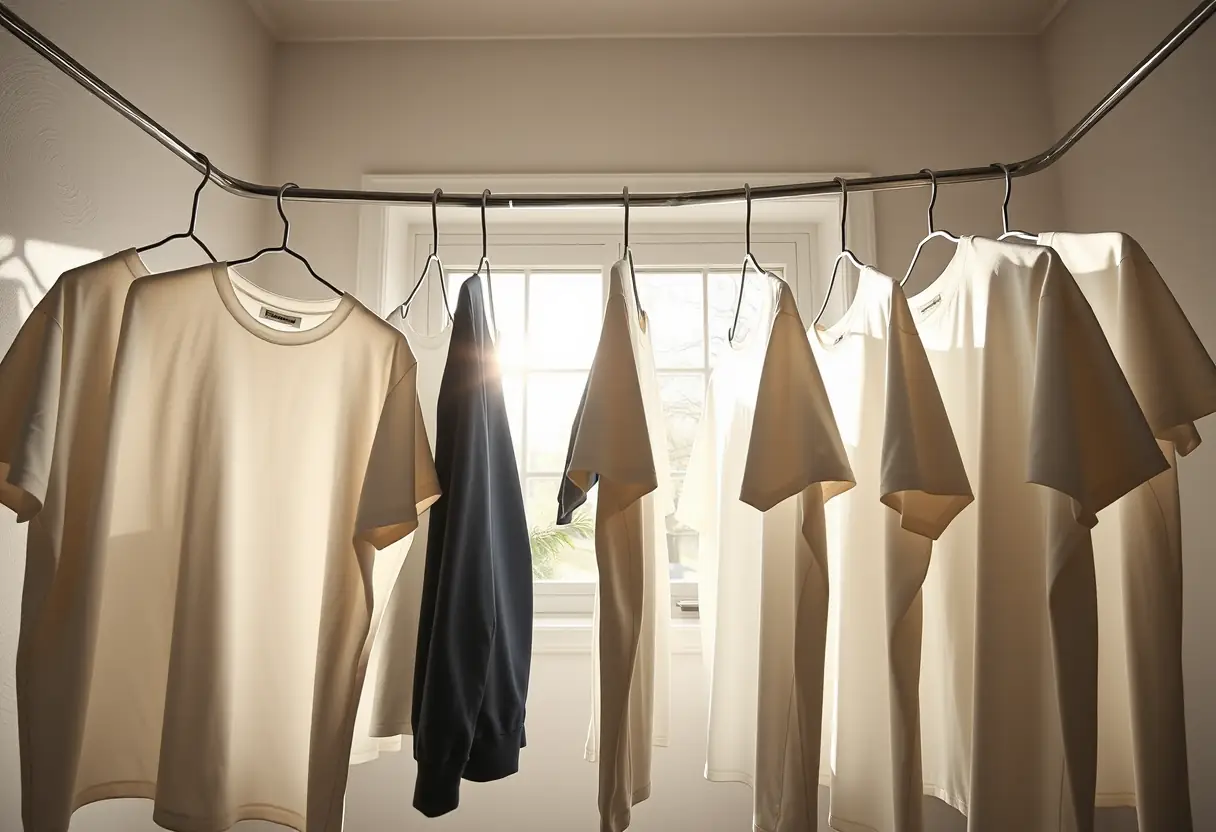Salle de lavage avec des t-shirts suspendus pour sécher